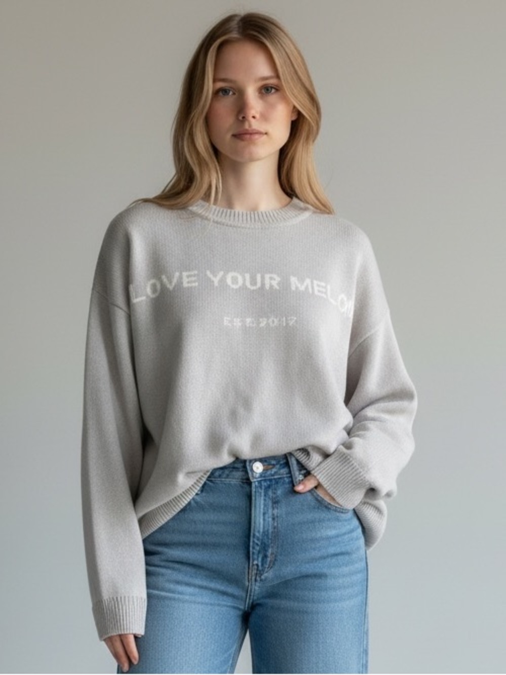 Love Your Melon Light Gray Logo Knit Sweater